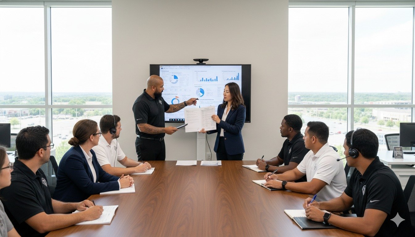 Group training session for automotive sales professionals, featuring a presentation on performance metrics and strategies, with participants engaged in learning and note-taking.