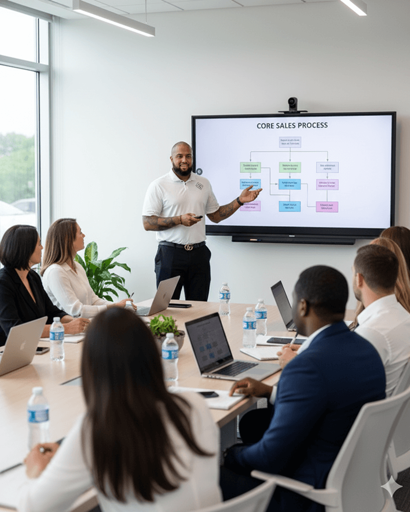 Business training session on core sales processes for auto dealerships, featuring a presenter and engaged participants with laptops and water bottles in a modern conference room.