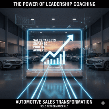 The Power of Leadership Coaching in Automotive Sales Powerful visual of leadership coaching impact on automotive sales, featuring a rising sales graph with text "Sales Targets Smashed, Profits Achieved" and showcasing luxury cars in a dealership setting, emphasizing Solo Performance LLC's focus on automotive sales transformation.