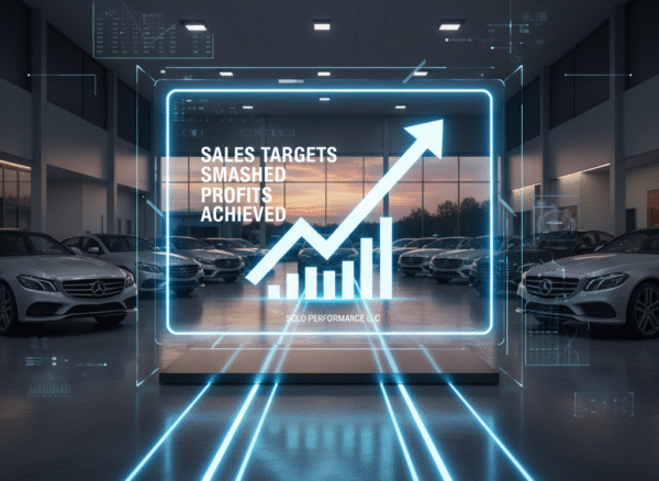 The Power of Leadership Coaching in Automotive Sales Sales targets smashed and profits achieved graphic overlay in automotive dealership setting, showcasing growth and success in sales performance.
