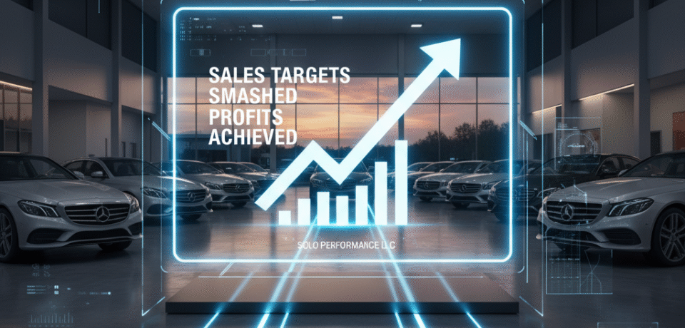 Sales targets smashed and profits achieved graphic overlay in an automotive showroom featuring luxury cars, emphasizing leadership coaching and performance improvement by Solo Performance LLC.