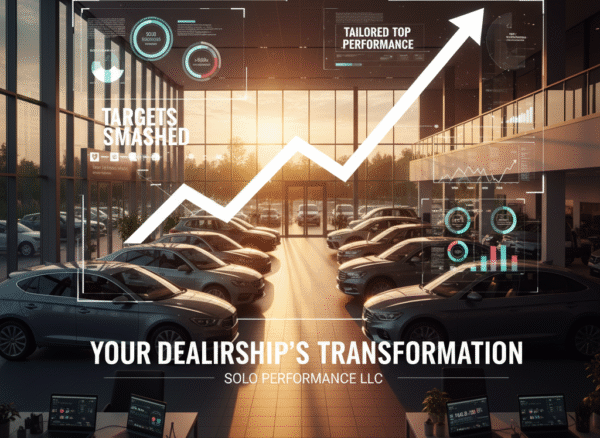 How Tailored Training Programs Can Transform Your Dealership's Performance Visual representation of a modern car dealership showcasing a graph indicating growth and success, with text overlay reading "TARGET'S SMASHED" and "YOUR DEALERSHIP'S TRANSFORMATION" from Solo Performance LLC, emphasizing tailored performance and dealership improvement.