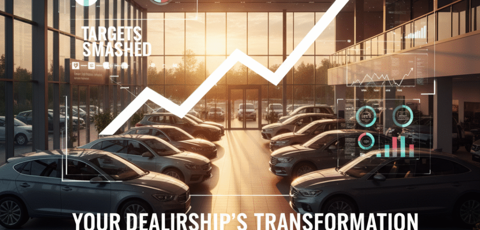 Automotive dealership interior with cars, overlay of growth chart and text "Targets Smashed" and "Your Dealership's Transformation," symbolizing success in leadership coaching and training.