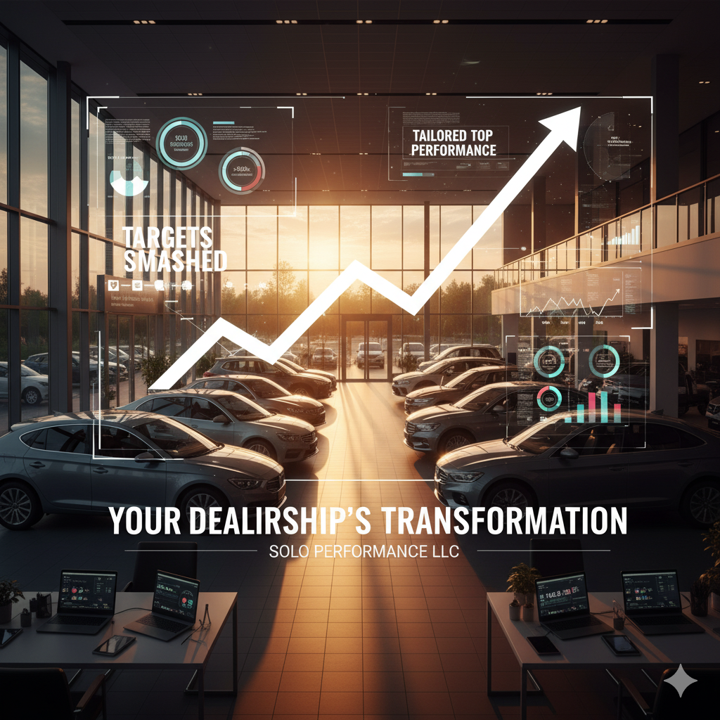 Automotive dealership interior showcasing a growth chart with "Targets Smashed" and "Your Dealership's Transformation" text, emphasizing tailored performance and success in training programs by Solo Performance LLC.
