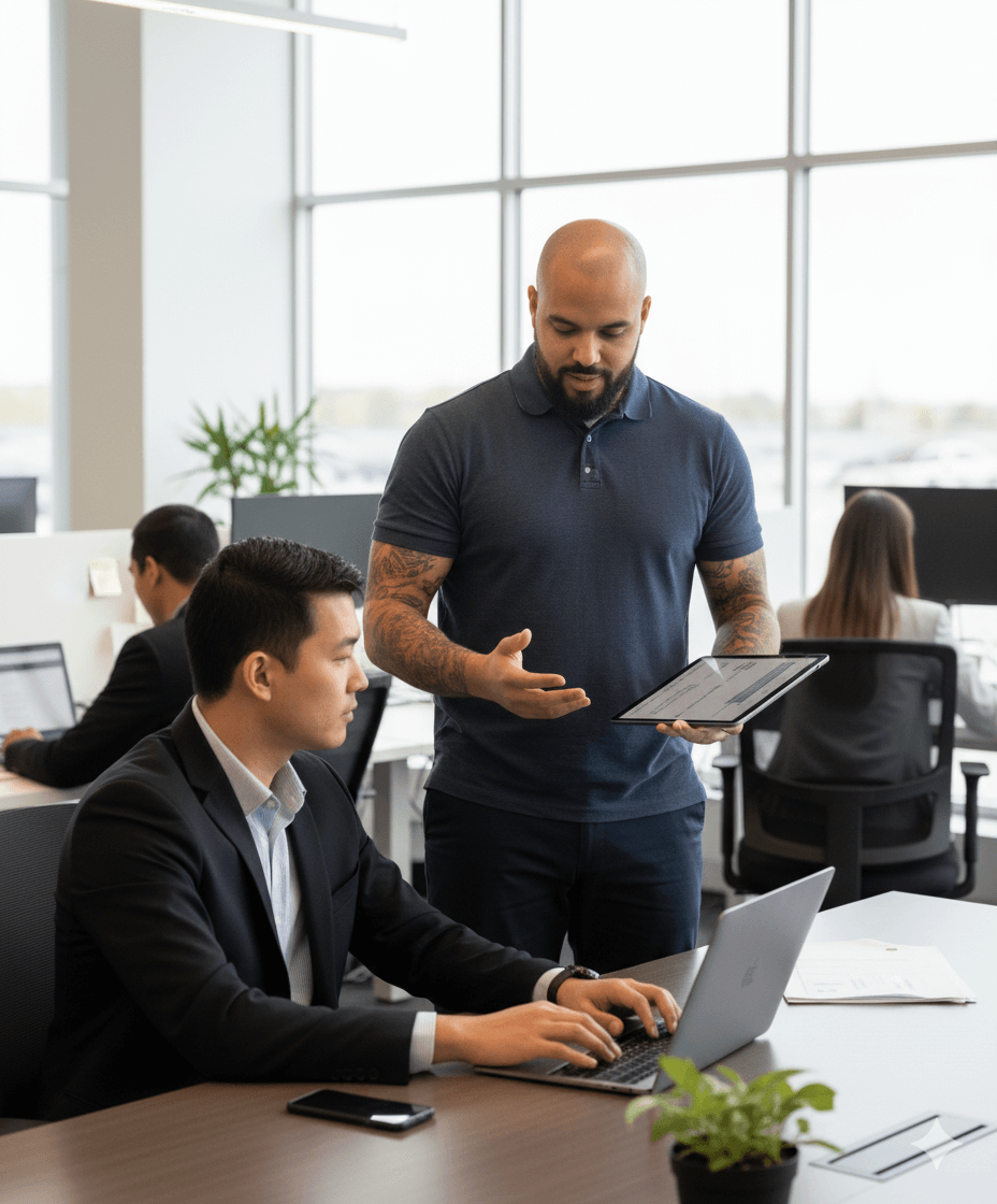 Two men engaged in a coaching session in an office, one presenting a tablet while the other types on a laptop, emphasizing virtual coaching for automotive sales training.