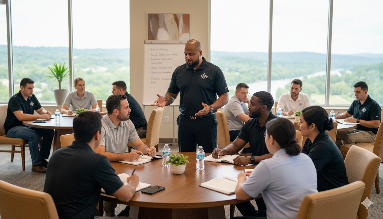 Group of automotive sales trainees engaged in a workshop led by an instructor, discussing strategies and taking notes in a bright, modern training room with a scenic view.