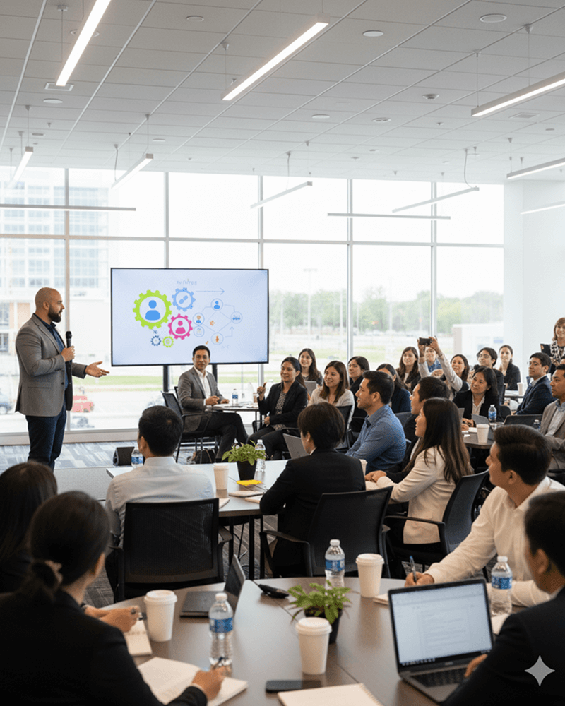 Business training session with presenter discussing finance and insurance concepts, engaged audience in modern conference room, visual aids on screen, showcasing dealership performance strategies.