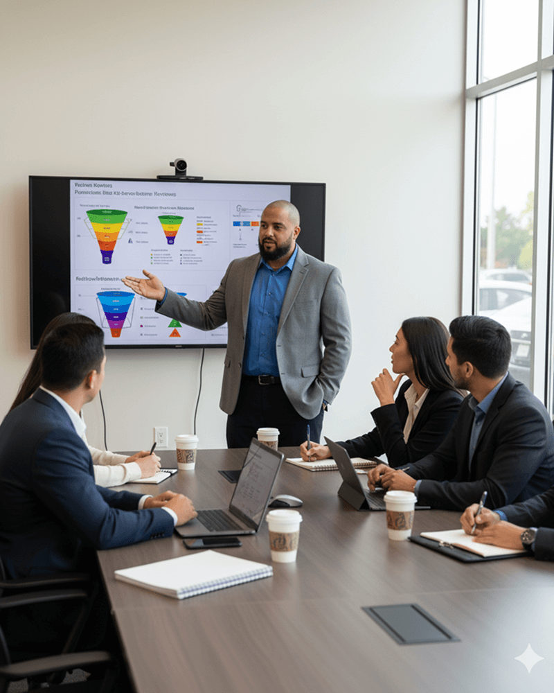 Business meeting with a presenter discussing financial training concepts displayed on a screen, surrounded by engaged participants in a conference room setting.