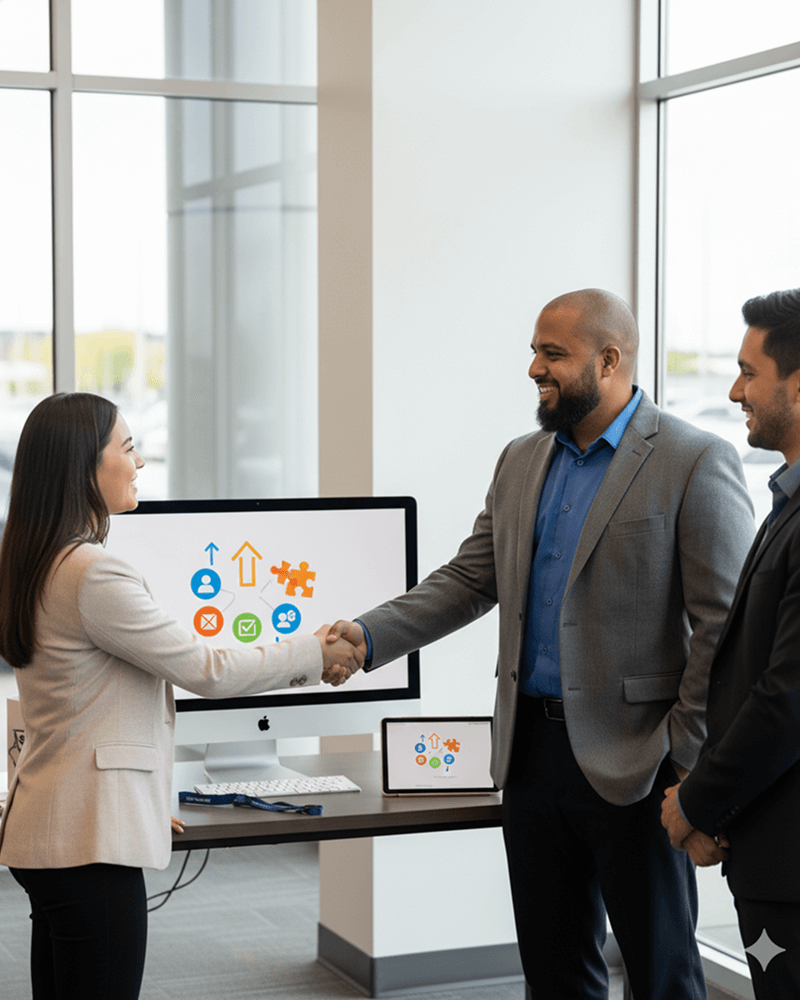 Business professionals shaking hands in an office setting, with a computer displaying icons related to hiring and onboarding solutions for auto dealerships, emphasizing workforce effectiveness.