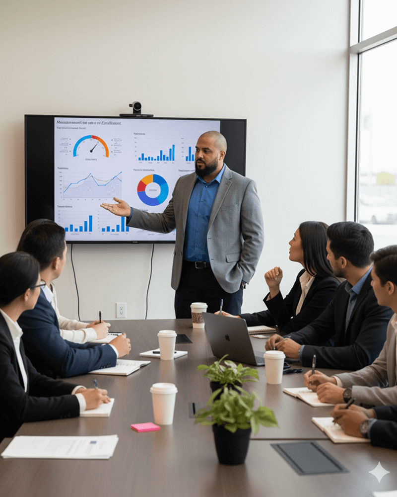 Business meeting with a speaker presenting KPI metrics on a screen, surrounded by engaged attendees taking notes and discussing performance improvements for auto dealerships.