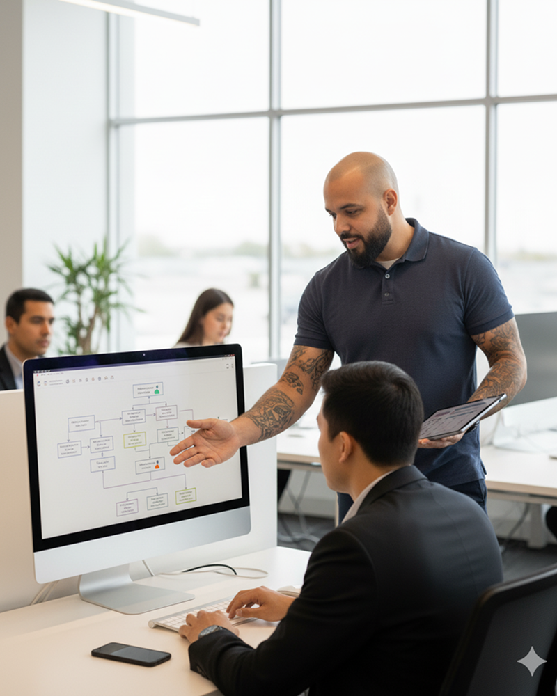 Professional training session in an office, consultant explaining sales roadmap on computer screen to dealership staff, focused on enhancing operational efficiency and sales strategies.