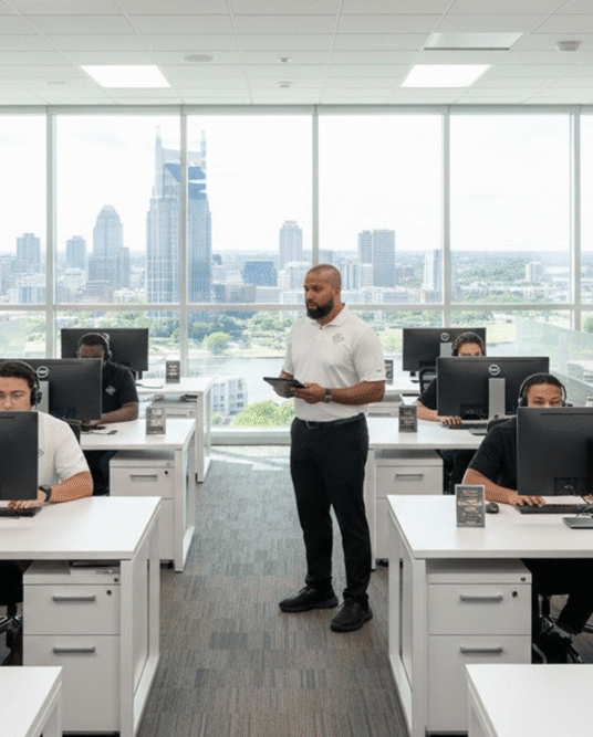 pexels-artem-podrez-8512452 1 (1) Business training session at Solo Performance LLC, featuring an instructor with a tablet guiding participants at computer workstations in a modern office setting with a city skyline view.