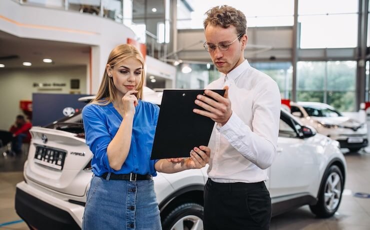 Sales professional discussing automotive options with a customer in a dealership setting, highlighting objection handling techniques in automotive sales training.