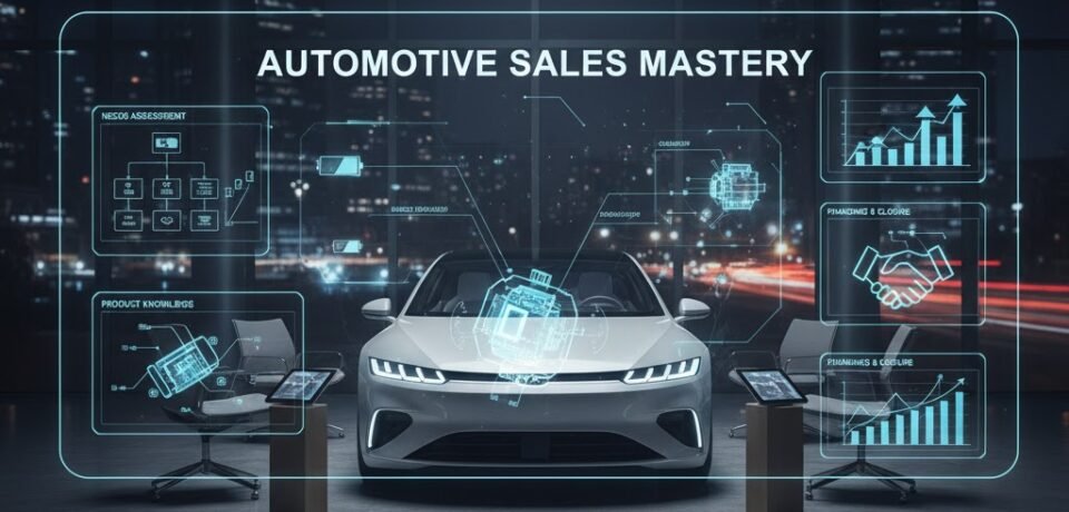 Automotive sales mastery concept featuring a modern car with digital overlays of sales assessment tools, product knowledge, and performance metrics, emphasizing training for dealership success.