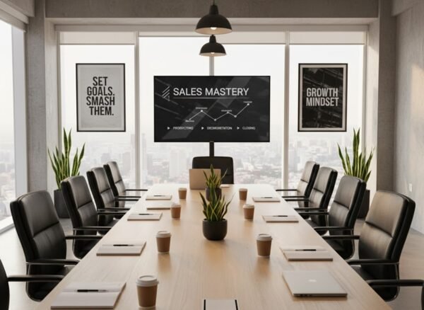 Sales Training Modern conference room with a long table, black chairs, and a large screen displaying "SALES MASTERY," featuring sections on prospecting, documentation, and closing, alongside motivational posters reading "SET GOALS. SMASH THEM." and "GROWTH MINDSET."