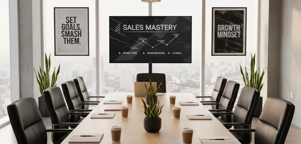 Modern conference room with a presentation screen displaying "Sales Mastery," featuring concepts like prospecting, disqualification, and closing, surrounded by motivational posters and a view of the city.
