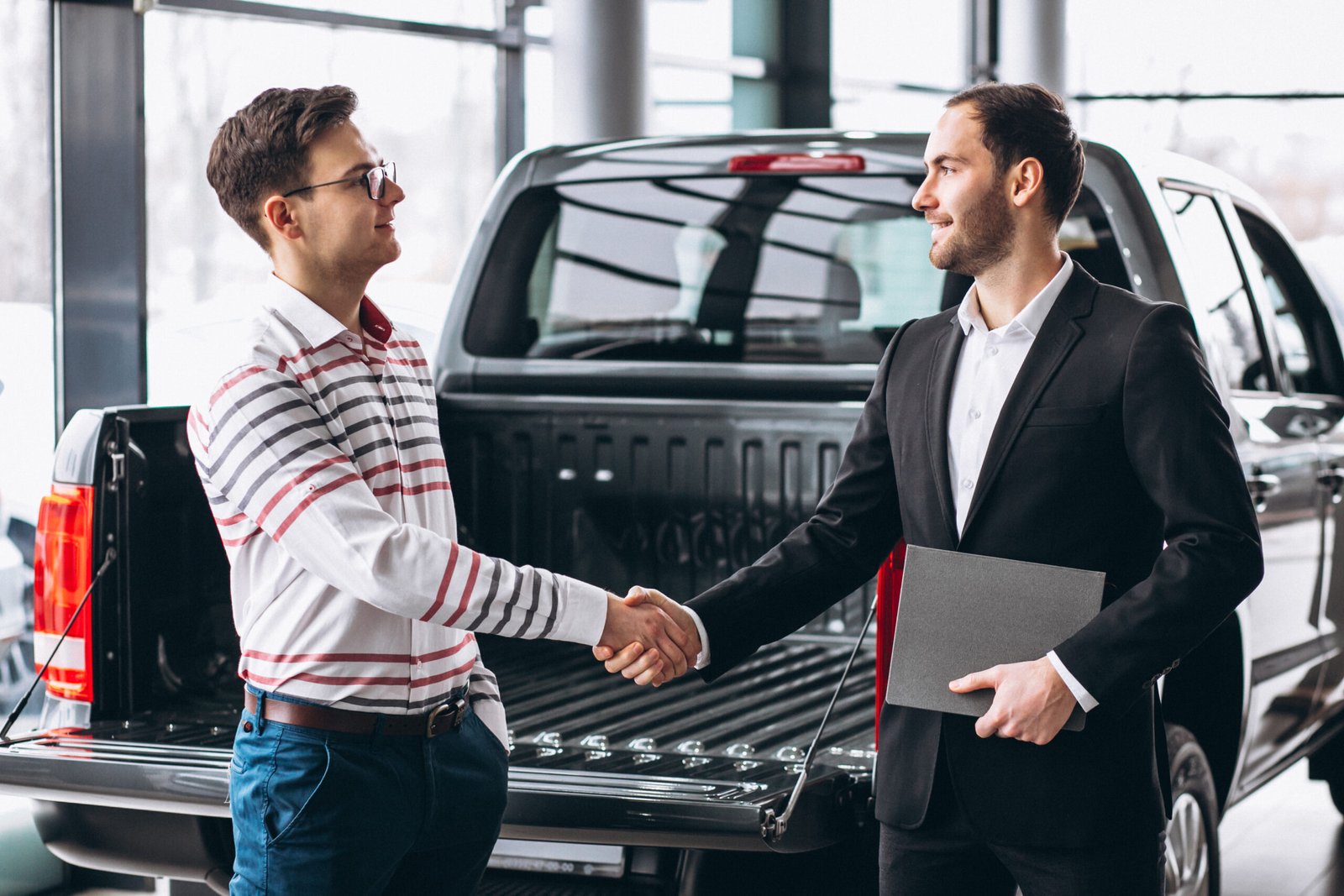 Man in a striped shirt shaking hands with a salesman in a suit, standing beside a pickup truck in an auto dealership, illustrating the car buying process and dealership training focus.